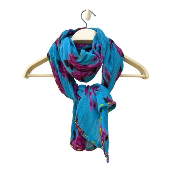 Turquoise & Fushia Floral Printed Scarf 16"x 65" - Picture 7 of 8